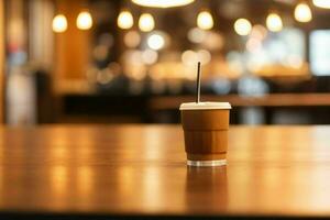 wooden table in front of a blurred background of restaurant lights. AI Generative Pro Photo