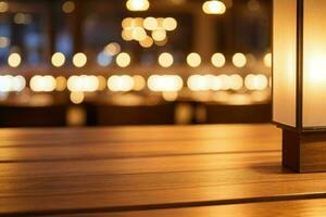 wooden table in front of a blurred background of restaurant lights. AI Generative Pro Photo