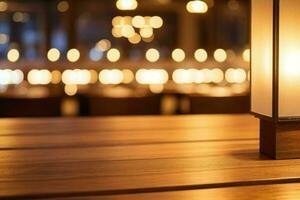 wooden table in front of a blurred background of restaurant lights. AI Generative Pro Photo