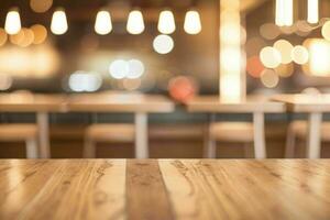 de madera mesa en frente de un borroso antecedentes de restaurante luces. ai generativo Pro foto