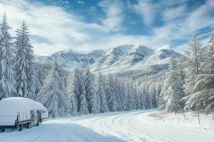 winter with fresh snow covered forests and mountains. background. AI Generative Pro Photo