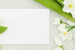 flower decoration. paperwhite blank card mockup background. AI Generative Pro Photo