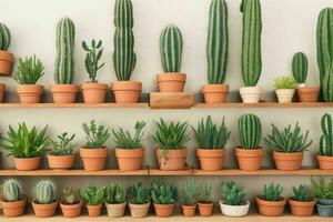 Shelves with different combinations of cactus and pots. background. AI Generative Pro Photo