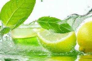 Water splashing on lemons and green tea leaf. AI Generative Pro Photo