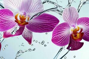 Water splash on Orchid flower. background. AI Generative Pro Photo