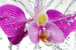 Water splash on Orchid flower. background. AI Generative Pro Photo