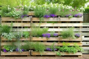 pallets with hanging plants vertical garden. background. AI Generative Pro Photo