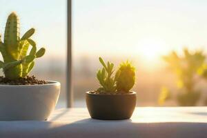 Window and cactus plants on blurred background. AI Generative Pro Photo