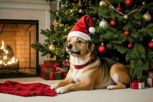 Dog near Christmas tree and gift to celebrate christmas. AI Generative Pro Photo