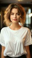 Beautiful woman wearing plain white t-shirt. Generative AI photo