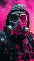 cyberpunk personaje vistiendo gas máscara con rosado tema. generativo ai foto