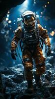 Astronaut wearing spacesuit walking inside the cave with blue light. Generative AI photo