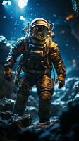 Astronaut wearing spacesuit walking inside the cave with blue light. Generative AI photo