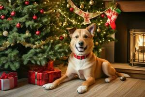 Dog near Christmas tree and gift to celebrate christmas. AI Generative Pro Photo