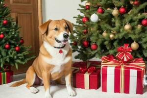 Dog near Christmas tree and gift to celebrate christmas. AI Generative Pro Photo