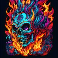 Skull with fire flames and neon light on black background. Halloween photo