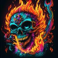 Skull with fire flames and neon light on black background. Halloween photo