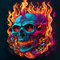 Skull with fire flames and neon light on black background. Halloween photo