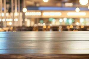 wooden table in front of a blurred background of restaurant lights. AI Generative Pro Photo