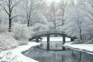 Winter at the garden, showing a bridge over frozen water and trees covered with snow. background. AI Generative Pro Photo