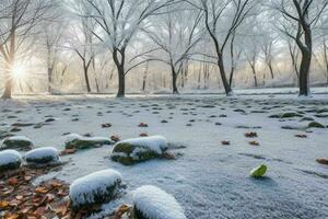 Frosty fallen leaves with shiny ice frost in snowy forest park. background. AI Generative Pro Photo