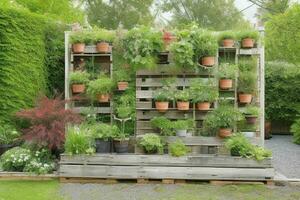 paletas con colgando plantas vertical jardín. antecedentes. ai generativo Pro foto