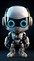 Cute futuristic small white robot with dark background. Generative AI photo