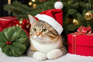 Cat near Christmas tree and gift to celebrate christmas. AI Generative Pro Photo