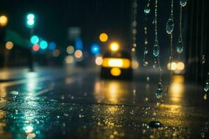 raindrops and streetlights at night. background. AI Generative Pro Photo