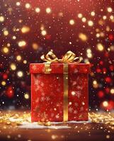 Gift box with bow on colorful bokeh background. Christmas and New Year concept. photo