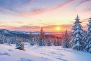 winter with fresh snow covered forests and mountains at sunrise. background. AI Generative Pro Photo