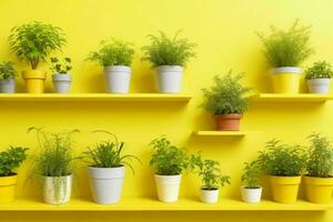 Shelves with different combinations of plants and pots. background. AI Generative Pro Photo