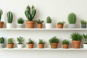 Shelves with different combinations of cactus and pots. background. AI Generative Pro Photo