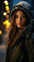 hermosa mujer en el invierno noche. generativo ai foto