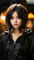 Beautiful asian teenager with short hair and black jacket. Generative AI photo