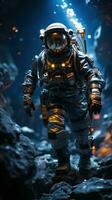 Astronaut wearing spacesuit walking inside the cave with blue light. Generative AI photo