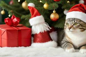 Cat near Christmas tree and gift to celebrate christmas. AI Generative Pro Photo