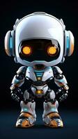 Cute futuristic small white robot with dark background. Generative AI photo