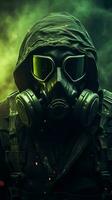 Cyberpunk gas mask character with green theme. Generative AI photo