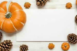 pumpkin, pine cones and dry leaves decoration. paperwhite blank card mockup background. AI Generative Pro Photo