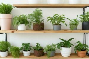 Shelves with different combinations of plants and pots. background. AI Generative Pro Photo