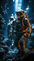 Astronaut wearing spacesuit walking inside the cave with blue light. Generative AI photo