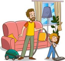 Family housework. Parents and kids clean up house cartooon vector