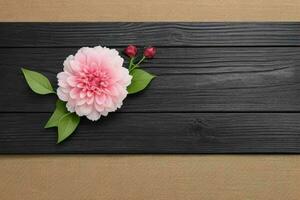 Wooden wall background with flowers natural scene. AI Generative Pro Photo