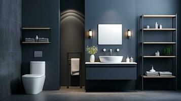 Interior of modern bathroom with blue tile walls, tiled floor, comfortable bathtub and sink with mirror. Generative AI photo