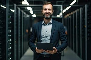 Handsome young businessman using digital tablet while standing in server room. Generative AI photo