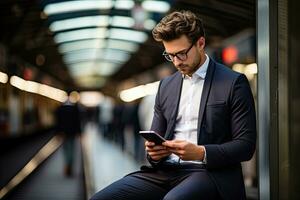 handsome businessman using smartphone while in the city. Generative AI photo
