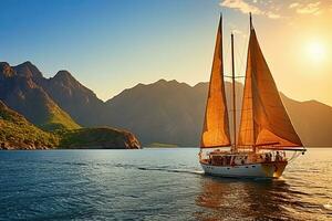 Sailing boat on the sea against the background of the mountains photo