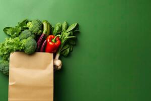 Shopping bag full of fresh organic vegetables on green background. Healthy food concept.  Generative AI photo