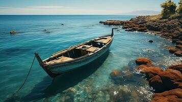 Aerial view of a wooden fishing boat in the sea, Greece. Generative AI photo